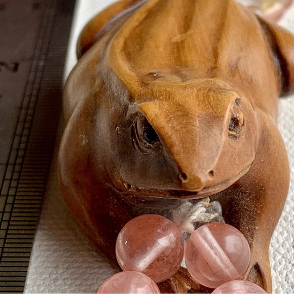 Antique Vintage Japanese Carved Wood Netsuke Frog Beaded Bracelet Finger Ring - Picture 14 of 14